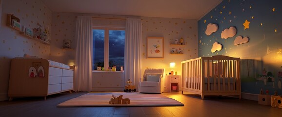 Cozy nighttime nursery with crib, changing table, toys, and star-themed decor.
