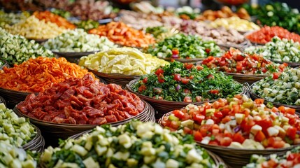 Fototapeta premium Colorful array of fresh, prepared vegetable salads in wicker baskets at a vibrant market.