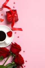 Cup of coffee with gift box, red roses and hearts on color background