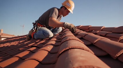 Roofer Securing Tiles Under Warm Sunlight