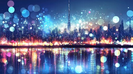 Fototapeta premium Festive night cityscape with vibrant lights and reflections.