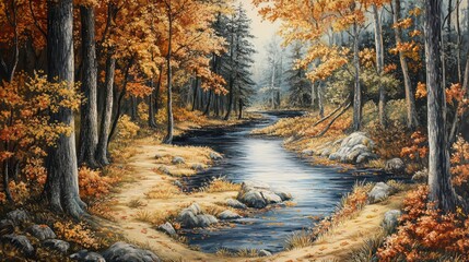 Serene autumnal landscape painting of a calm stream flowing through a forest with vibrant fall foliage and rocky banks.