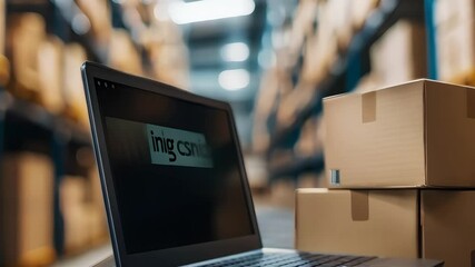 Laptop with stacked boxes in a warehouse setting. E-commerce and logistics.