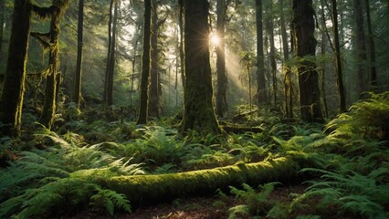 Obraz premium Enchanting forest scene with sunlight filtering through tall trees and lush ferns