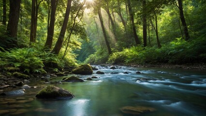 Obraz premium Serene river flowing through a lush green forest with sunlight streaming through trees