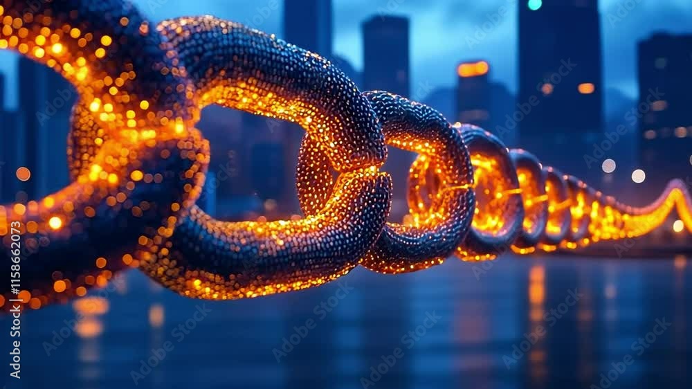 Poster Glowing Chain of Connections: A captivating image of a glowing chain, symbolizing interconnectedness, strength, and resilience, with a backdrop of a cityscape.