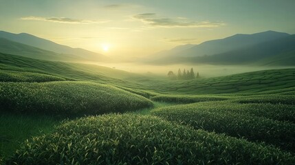 Obraz premium Sunrise over misty green valley landscape with rolling hills and distant mountains.