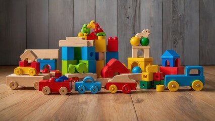Colorful wooden toy blocks and vehicles arranged on a wooden floor