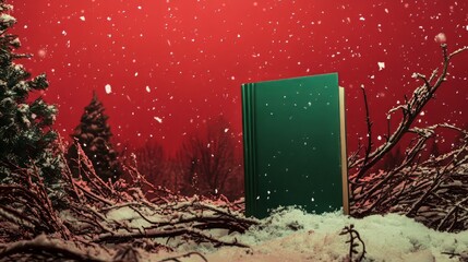 Surreal landscape with green book placed upright on huge brown branches, distant Christmas forest