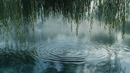 Serene water ripples on a misty lake under weeping willow branches.