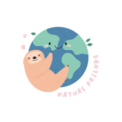 Cute Cartoon Illustration of Sloth Hanging on Planet Earth.