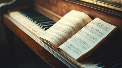 Open sheet music rests on antique piano keys.