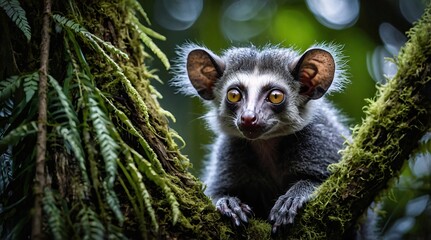 Obraz premium Rare mystical Aye-Aye lemur curiously peers out from lush green foliage in Madagascar’s dense rainforest