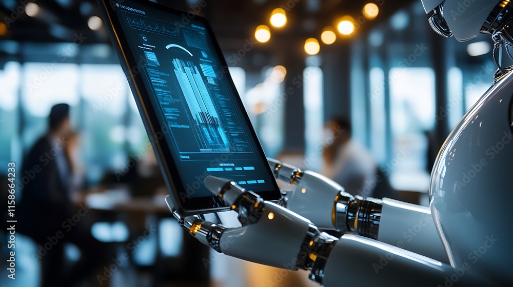 Poster futuristic robot analyzing data on tablet in modern office