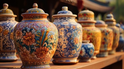 Ornate hand-painted ceramic jars in a row, showcasing vibrant floral designs and intricate details.