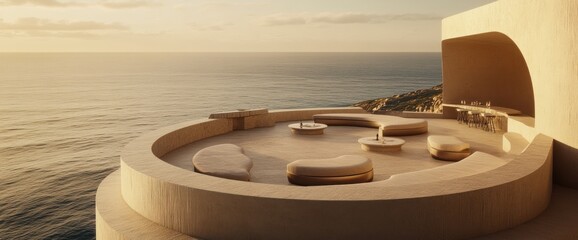 Sunset ocean view luxury patio with modern minimalist beige furniture.
