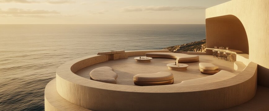 Sunset ocean view luxury patio with modern minimalist beige furniture.