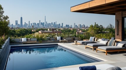 Fototapeta premium Rooftop pool with city skyline view.