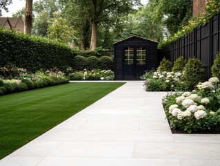 Fototapeta premium A neatly designed back garden featuring artificial grass, bordered by lush flower beds and hedges, with a dark garden shed in the background.