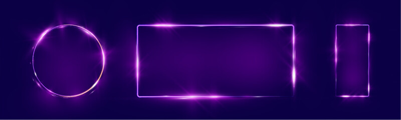 Purple neon glowing shapes on dark background, featuring a circle, rectangle, and vertical rectangle with light flares and soft gradients. Elegant futuristic light effects suitable for digital design.