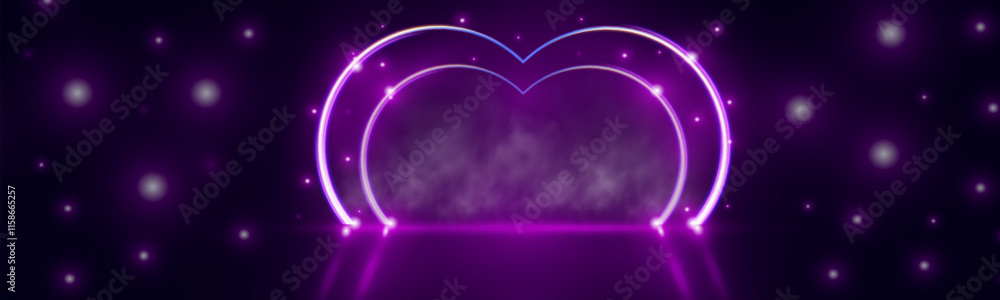 Aufkleber futuristic modern empty stage with reflective dark room, glowing neon heart shape, and cloud. 3d ren