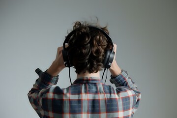 Immersive Audio Experience: Person Adjusts Headphones to Enhance Sound Quality, Achieving Optimal Listening Position for Deep Concentration and Relaxation. A Study in Personal Audio Enjoyment.