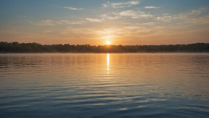 Obraz premium Serene sunrise over tranquil lake with mist and colorful clouds