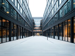 Obraz premium A modern residential building with glass facades lines a calm street, showcasing symmetrical architecture and a sleek, cinematic style.