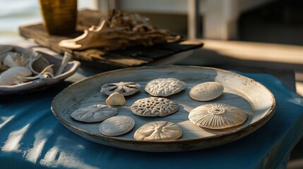 Sunlit sand dollars and seashells on rustic tray.