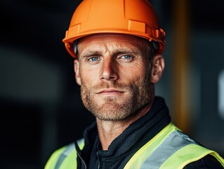 A construction worker wearing an orange hard hat and reflective vest stands confidently, symbolizing safety and professionalism.