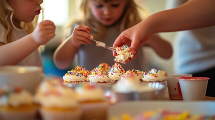 Children decorating cupcakes with frosting and sprinkles at a party.
