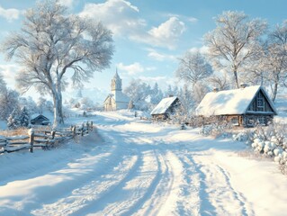 A charming, vintage-style Christmas village blanketed in snow, featuring cozy cottages, a snowy path, and a distant church under a bright winter sky.