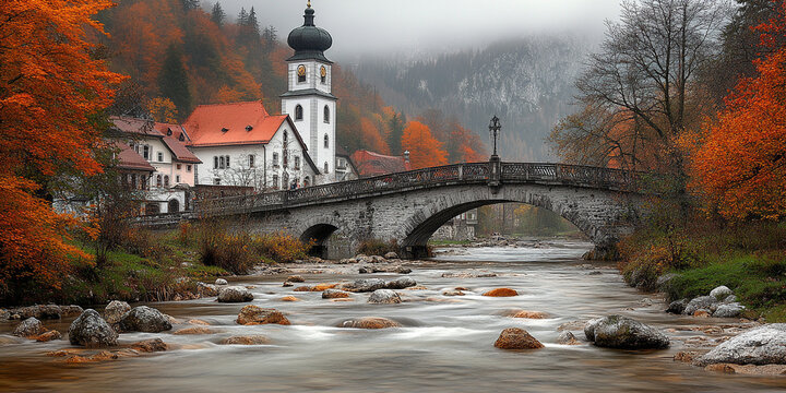 Iconic picture of Bavaria with Maria Gern church with Hochkalter peak on background.  