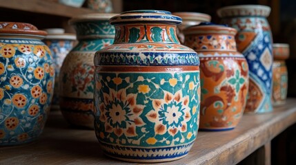 Colorful hand-painted ceramic jars and vases on wooden shelf.