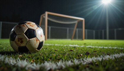 Soccer ball on grass field at night