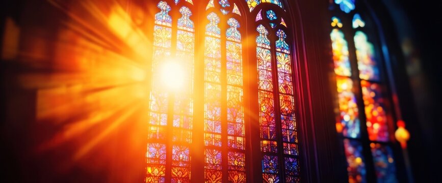Sunlit stained glass window in a cathedral.
