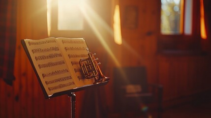 Trumpet rests on music stand with sheet music in sunlit room.