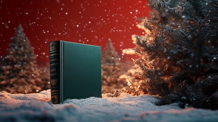 Surreal landscape with green book placed upright on huge brown branches, distant Christmas forest