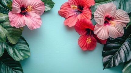 Obraz premium Vibrant Hibiscus Flowers and Lush Green Leaves on a Light Blue Background for a Tropical and Fresh Aesthetic