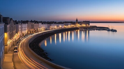 Coastal town at twilight, harbor lights reflected in calm water, long exposure.