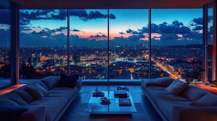 Luxury apartment with panoramic city sunset view.