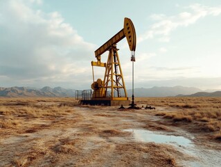A solitary oil pump silhouetted against a dramatic sunset, casting shadows over a vast, barren landscape under a vivid sky.