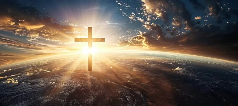 Jesus Cross symbol over planet earth horizon with sunlight at sunset or sunrise. Religion faith worship spirituality concept. Generative video AI technology.	
