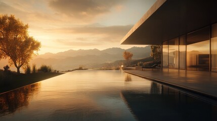 Modern house with infinity pool at sunset, overlooking mountains.
