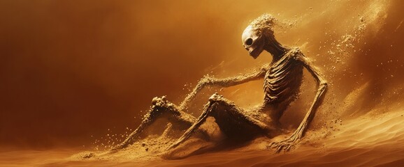 Sand skeleton figure sitting in desert, wind blowing sand.