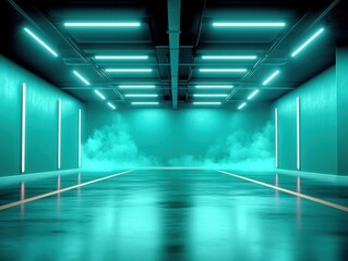 Obraz premium A dark, empty street with a futuristic vibe, featuring a dark blue and teal color palette. The scene is illuminated by neon lights and filled with mist.