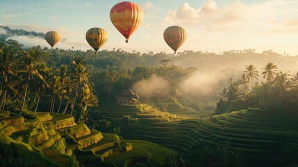 Obraz premium Hot air balloons soar over misty sunrise rice terraces.