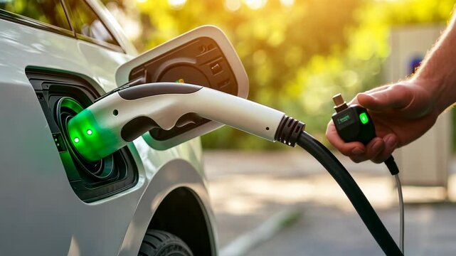 Close up of male hand inserting power cable supply plugged into electric car charging, green energy concept