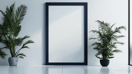 Minimalist Interior with Large Blank Frame and Green Plants in Bright Modern Living Space