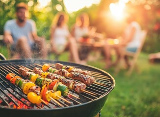 Enjoying a summer barbecue with friends while grilling colorful skewers in a lush backyard at sunset. Generative AI